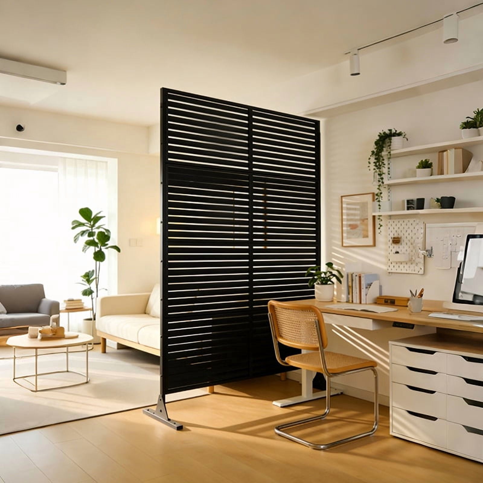 Leumius 70.87" Metal Outdoor Privacy Screen,All Weather Freestanding Slatted Patio Fence Divider, Decorative Balcony Backyard Deck Screen,Black