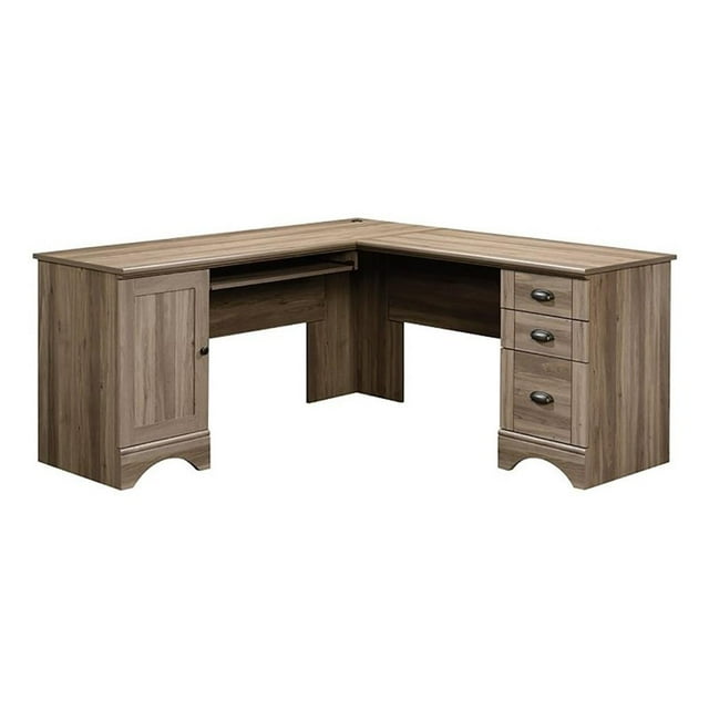 Pemberly Row L Shaped Computer Desk with CPU Tower Storage, Letter, Legal File Drawer, and Keyboard Tray in Salt Oak