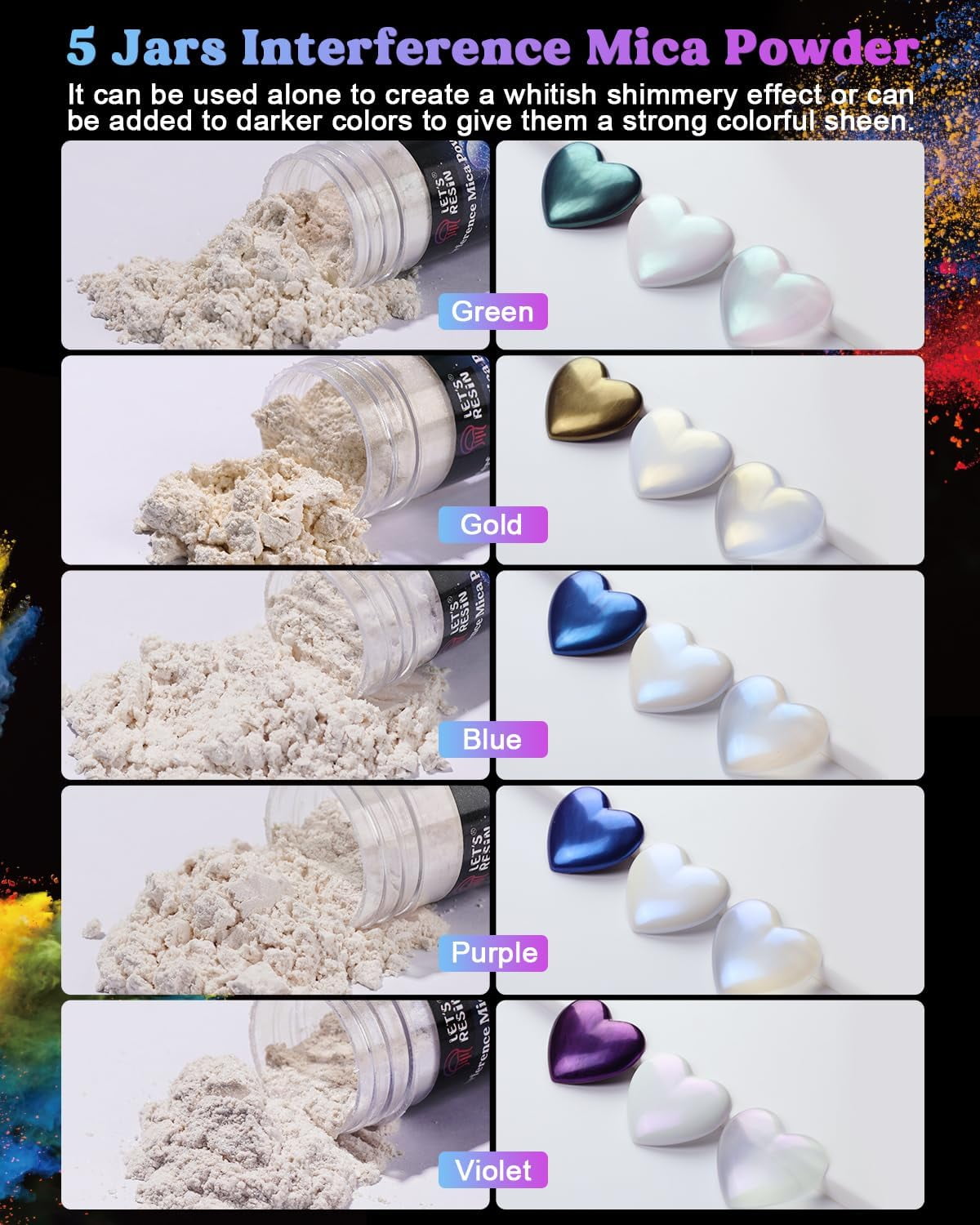 LET'S RESIN 60 Colors Mica Powder, Natural Pearlescent Pigment Powder for Epoxy Resin/UV Resin for Candle Making, Resin Dye, Painting, Art Crafts