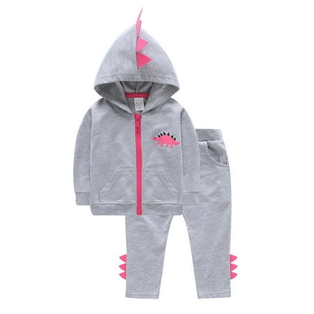

Honeeladyy Infant Baby Girls Long Sleeve Dinosaur Cartoon Hooded Tops+Pants Set Clothe Gray