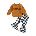 thumbnail image 2 of Musuos Toddler Girls Halloween Outfits 6 12 18 24M 3 4Y Letter Print Long Sleeve Sweatshirt and Checkerboard Print Flare Pants Set Cute Clothes, 2 of 9
