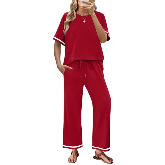 Sewkxo Women Sets 2 Piece Outfits Summer Casual Stripe Short Sleeve Round Neck Tops Waist Drawstrings Wide Leg Pants Fashion Loose Fit Tracksuit Suits with Pockets,Red M