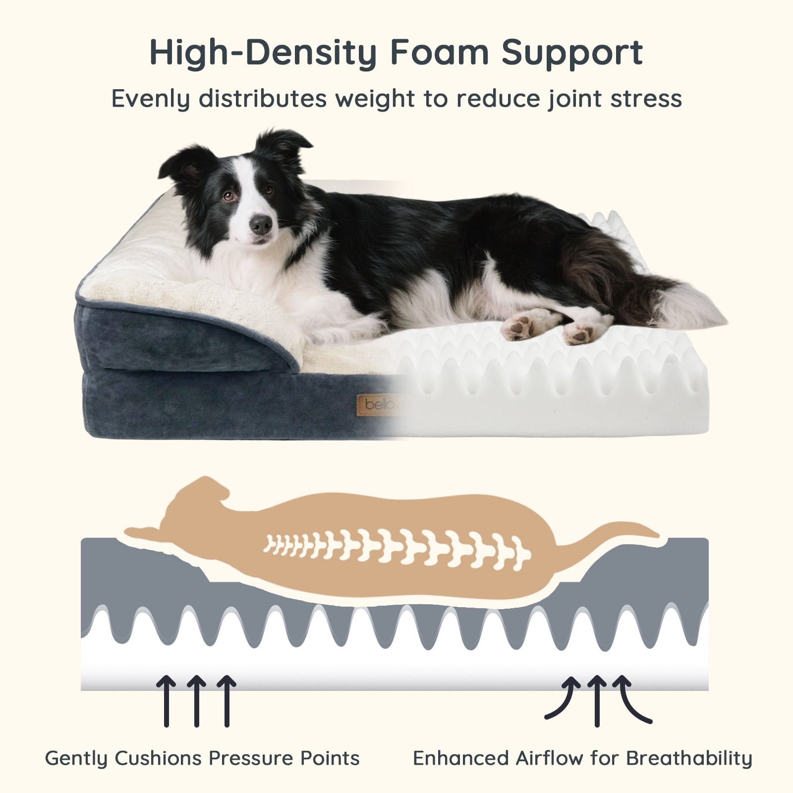 BELLA & PAL Orthopedic Dog Bed for Large Medium Dogs – No Assembly Needed, Egg-Crate Foam Dog Couch with Waterproof Liner, Washable Removable Cover, Non-Slip, 36"x27"x6.5", Gray