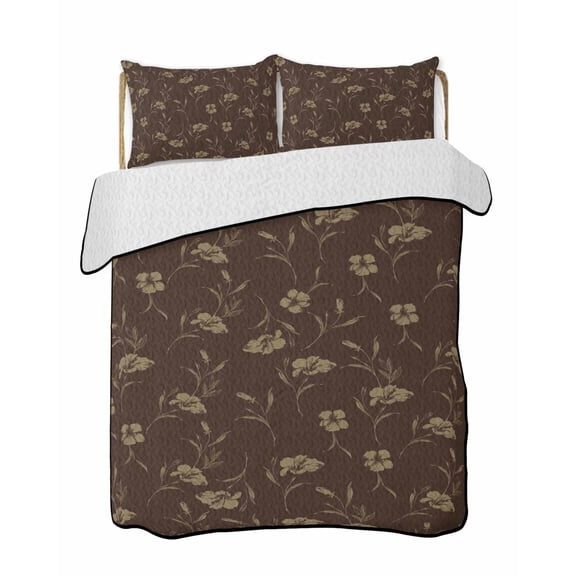 Twin Quilt Bedding Set, Brown Floral Reversible Summer Quilt 3 Pieces, Vintage Spring Botanical Flowers Lightweight Bedspreads Coverlets with 2 Pillow Shams for All Seasons