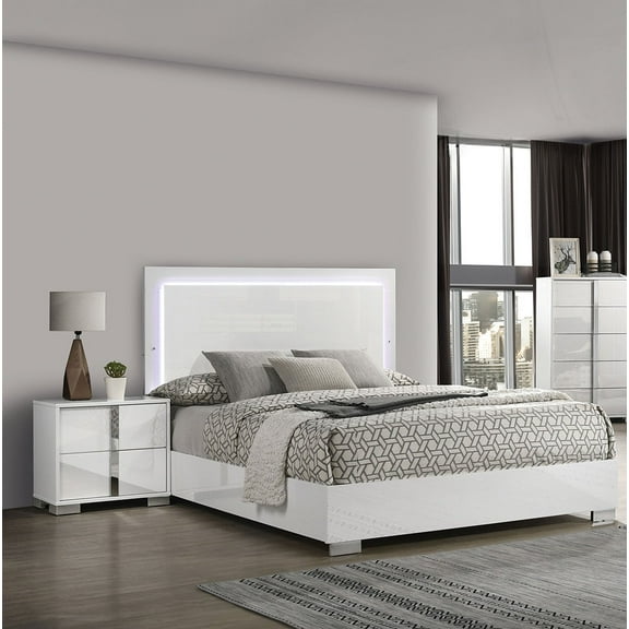 Contemporary Style White Queen Size Bed 2x Nightsands 3pc Set Chrome Legs Wooden UV Finish Bedroom Furniture