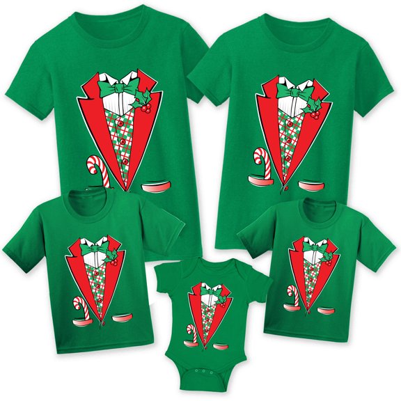 Christmas Shirts for Family - Green Christmas Tuxedo Xmas Tshirt for Matching Men Kid Toddler Baby Women