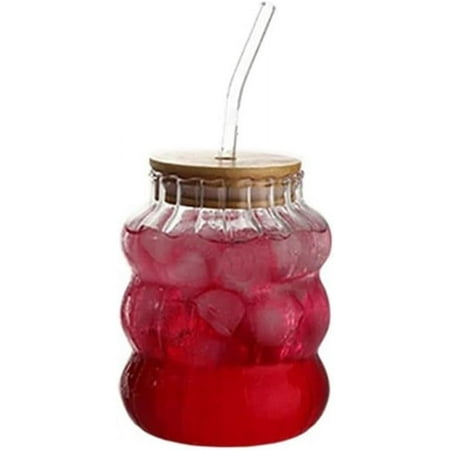 

XJU-Ribbed Glass Cups Vintage Wave Shape Glass Cups Wine Mugs with Lid and Straw Cute Tumbler Cup for Coffee Juice Beverage Milk Cocktails-0904