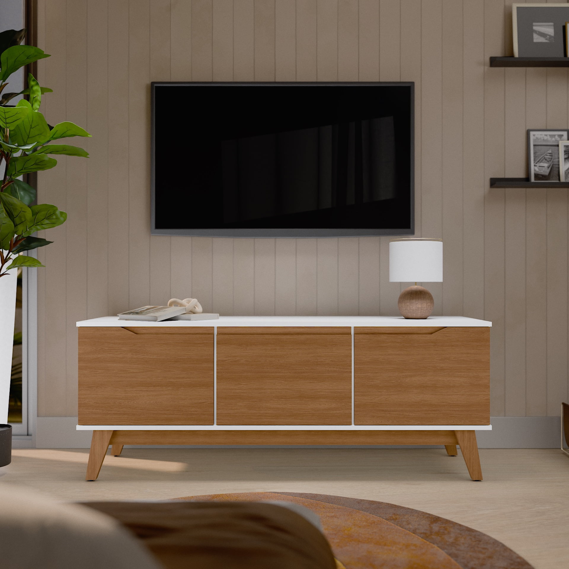 Kappesberg Athens 3-Door Tv Stand with Soft-Close Doors and Built-in Handles - White/Golden Oak - for Adults and Teens