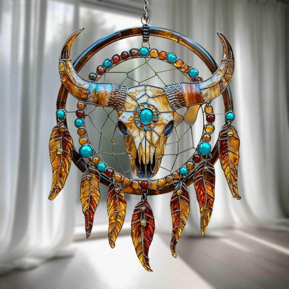 Bull Skull Dreamcatcher Suncatcher with Feathers and Turquoise, Western Boho Acrylic Window Decor for Rustic Desert or Cabin Style Gift