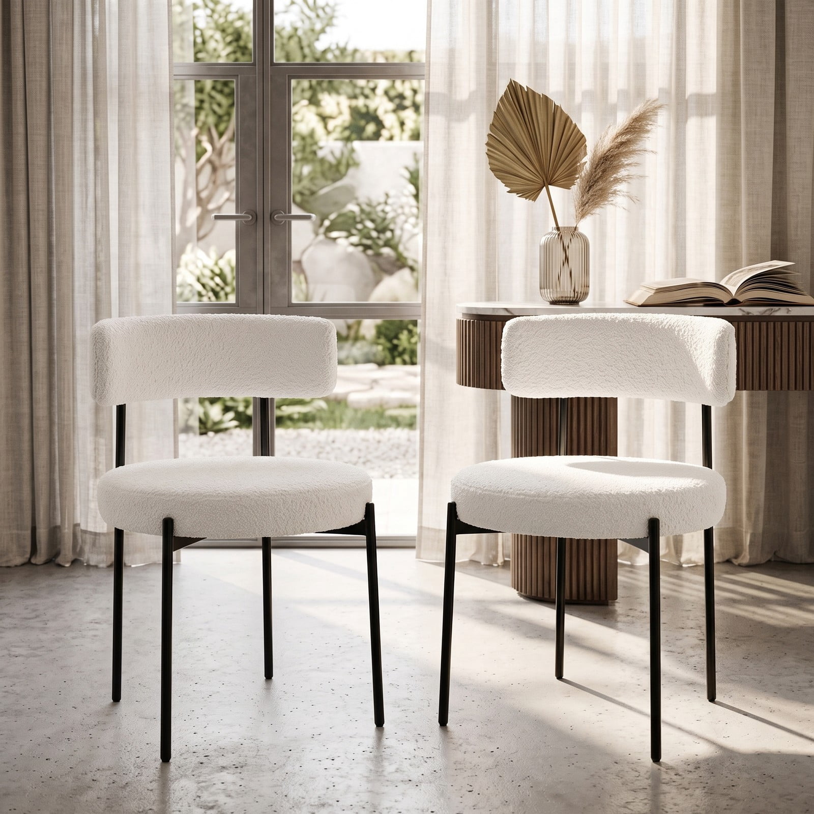 Furnibear Boucle Dining Chairs Set of 2, Upholstered Faux Sherpa Accent Side Chairs with Curved Backrest and Metal X-Legs for Kitchen Dining Room Living Room, White