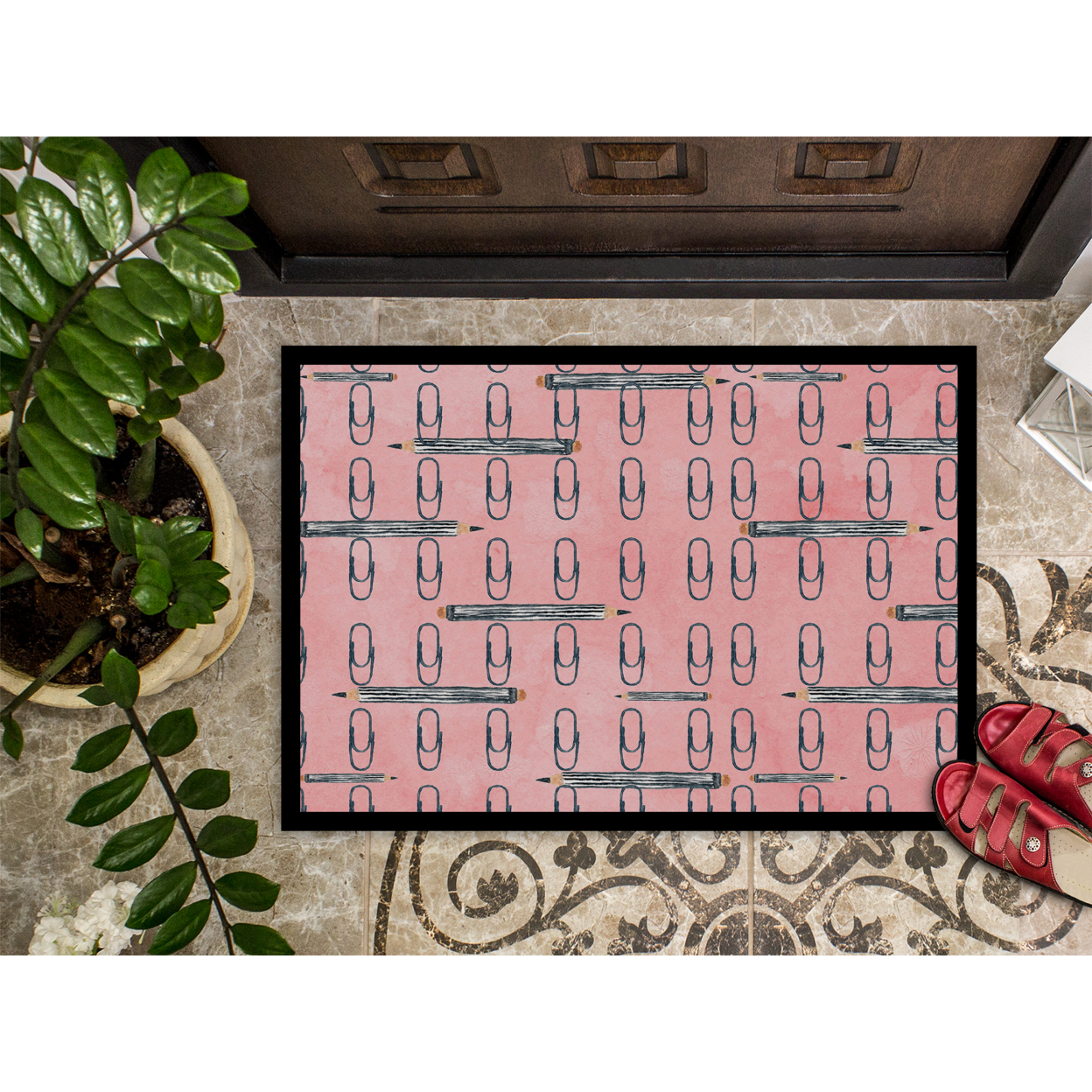 Watercolor Organized Paper Clips Pink Doormat 24x36