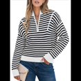thumbnail image 2 of Suéter de Punto Acanalado de Larga con Media Cremallera A Rayas para Mujer, Tops Casuales, Cómodos y Ligeros, Moda de Otoño Negro L, 2 of 8