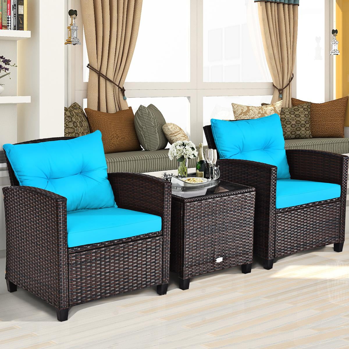 Giantex 3 Pieces Patio Furniture Set, PE Rattan Wicker 3 Pcs Outdoor Sofa Set w/Washable Cushion and Tempered Glass Tabletop, Conversation Furniture for Garden Poolside Balcony (Turquosize)