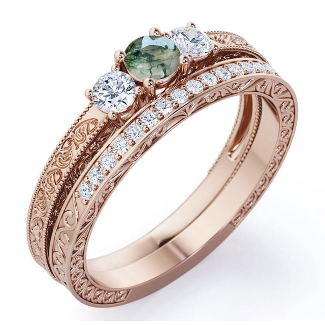 JeenMata Anillo Bodas Estilo Catedral Eduardiano Art Déco, Ágata Verde Musgo Drusa 1,75 ct y Moissanita en Oro Rosa 18 K sobre Plata