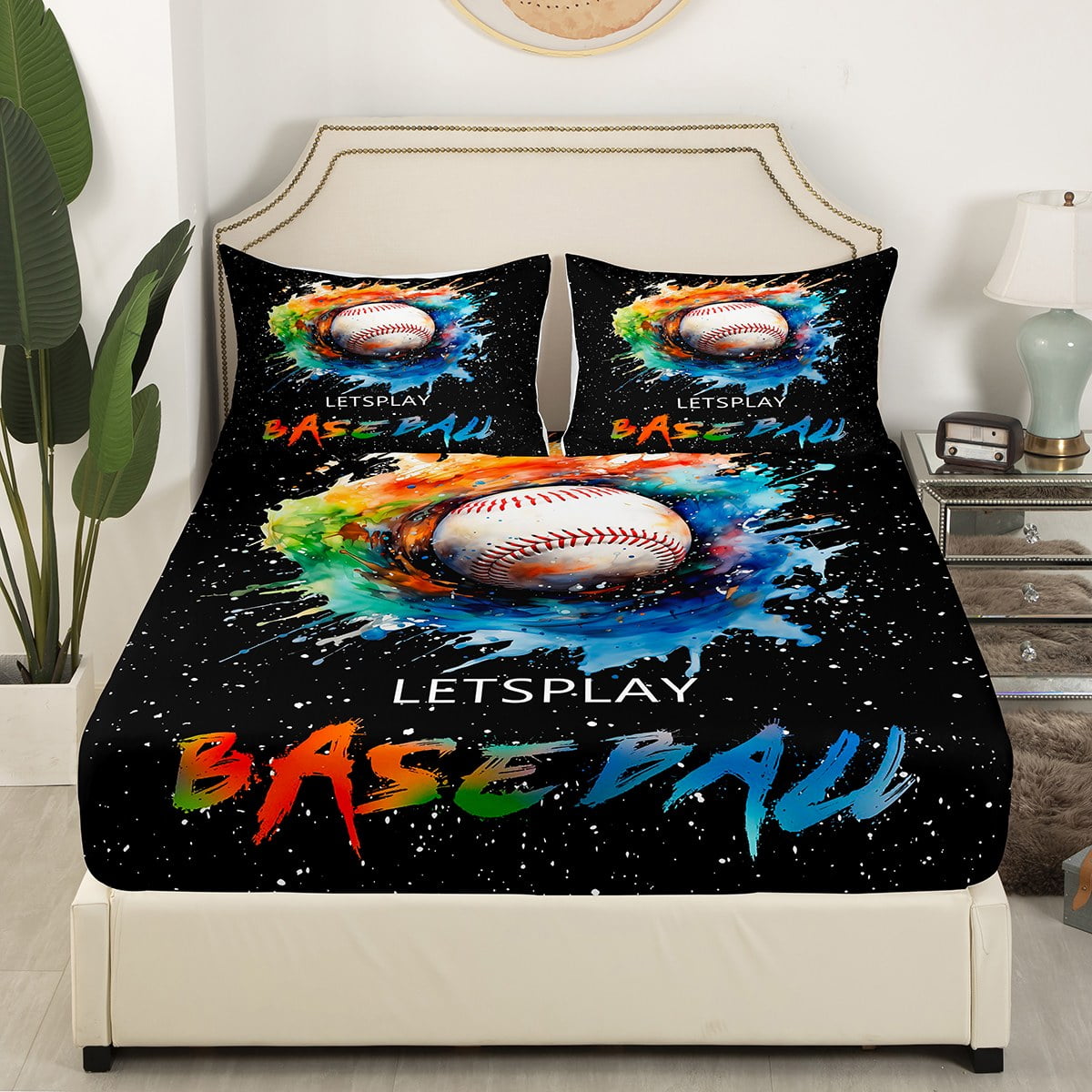 Yst Boys Hockey Bed Set For Kids Ice Hockey Sports Full Sheets Rainbow Watercolor Art Bed Sheets Set Teens Ball Gamer Flat Sheet Home Decorative soft