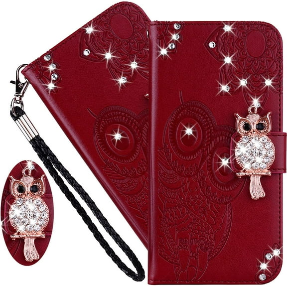 Case for Xiaomi Poco F4 5G with Credit Cards Pocket, Glitter Bling Diamond PU Leather Wallet Phone Case Flip Cover for Xiaomi Poco F4 5G Owl Red