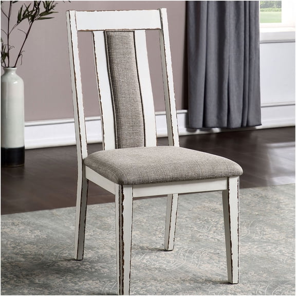 JERFIT Weathered White and Warm Gray Dining Chairs Set of 2, Upholstered Side Chairs with Solid Wood Frame for Kitchen and Dining Room, Rustic Modern Farmhouse Style