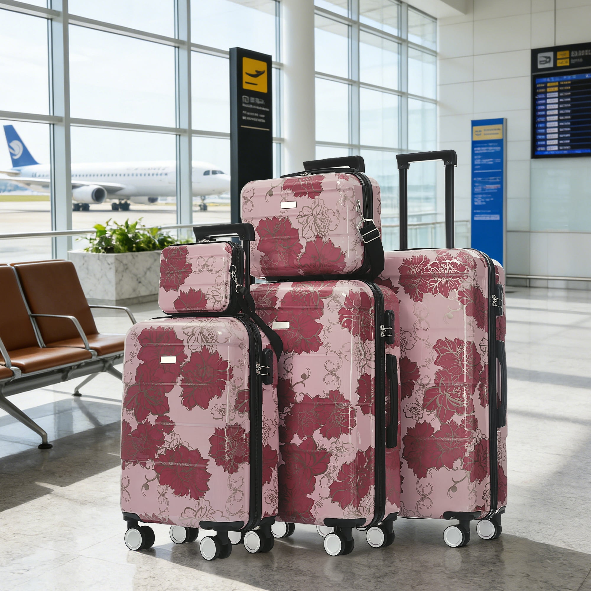 Euroco 5 Piece Luggage Sets with Spinner Wheels, Hardshell Lightweight Suitcase Set with TSA Locks and 2 Bags, Durable Checked Large Suitcase for Travel(8"/14"/20"/24"/28"),Purple Pink Flower