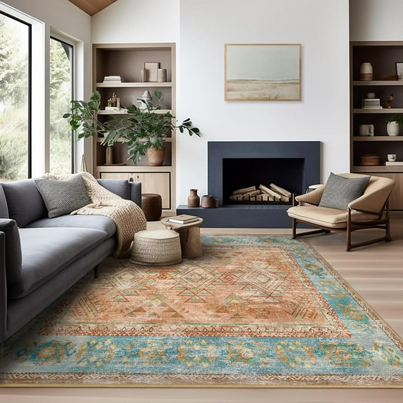 Area Vintage Boho Rugs for Living Room, Machine Washable Area Rugs with Non-Slip Backing, Indoor Rug Vintage Bohemian Area Rug Home Decor, Room Decor, 4 x 6 ft, Orange, 1 Pack
