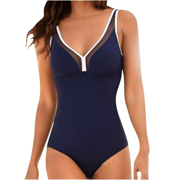 QLEICOM Womens Swimsuits Tummy Control Plus Size Swimsuit Coverup Print Bikini Swimsuit Filled Bra One-Piece Swimwear Beachwear Blue L