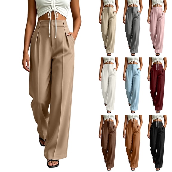 Dressy Pants For Womens Liweisiy High Waist Solid Color Straight Leg Loose Trousers Business Casual Work Trendy Pants Khaki 2XL