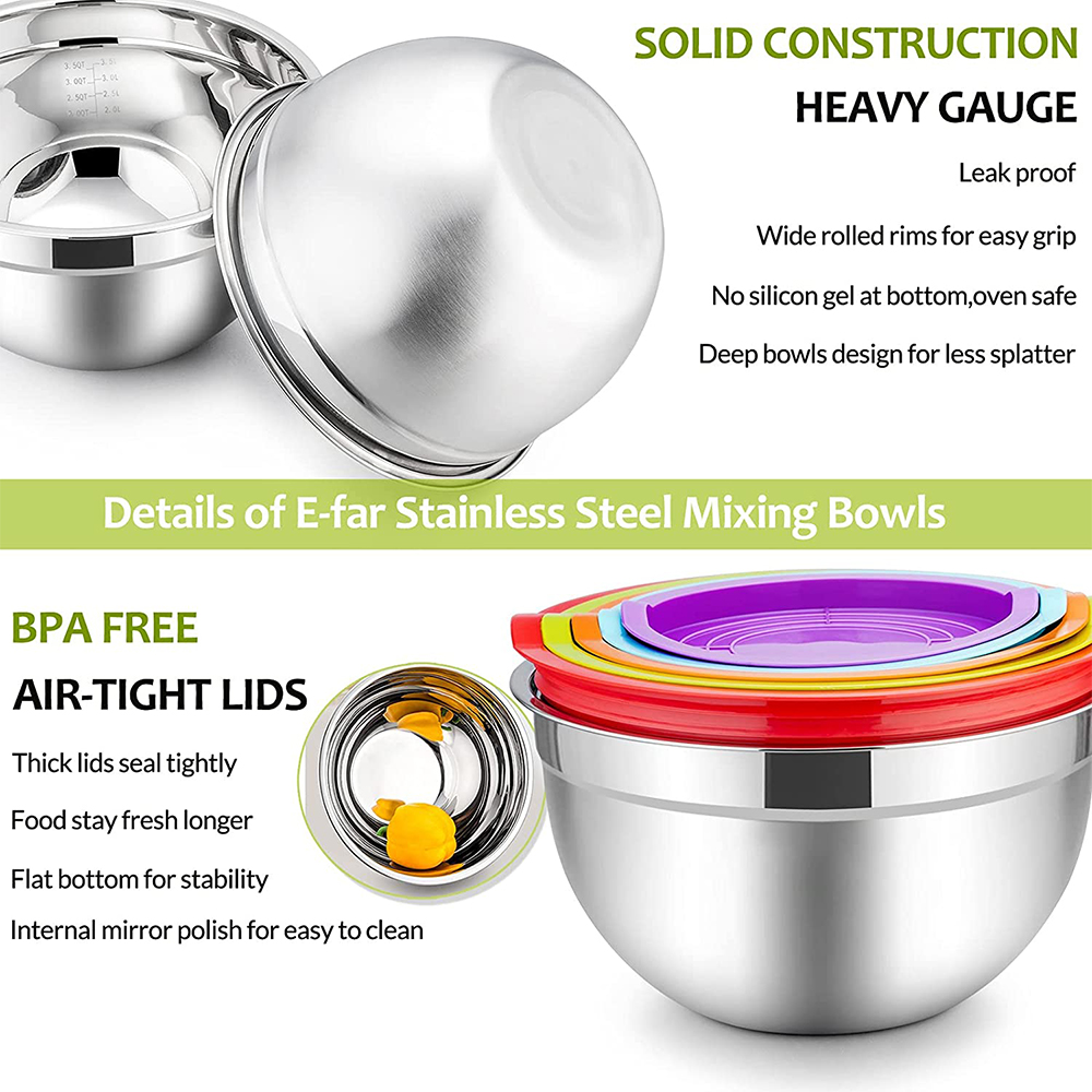 Mixing Bowls with Lids Set of 5, Vesteel Stainless Steel Mixing Bowls Metal Nesting Salad Bowls, Size 4.5, 3, 1.5, 1, 0.7 QT Great for Cooking, Baking, Serving - Multi-Color - image 5 of 5