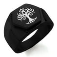 thumbnail image 1 of Stainless Steel Tribal Tree of Life Engraved Hexagon Crest Flat Top Biker Style Polished Ring, 1 of 1