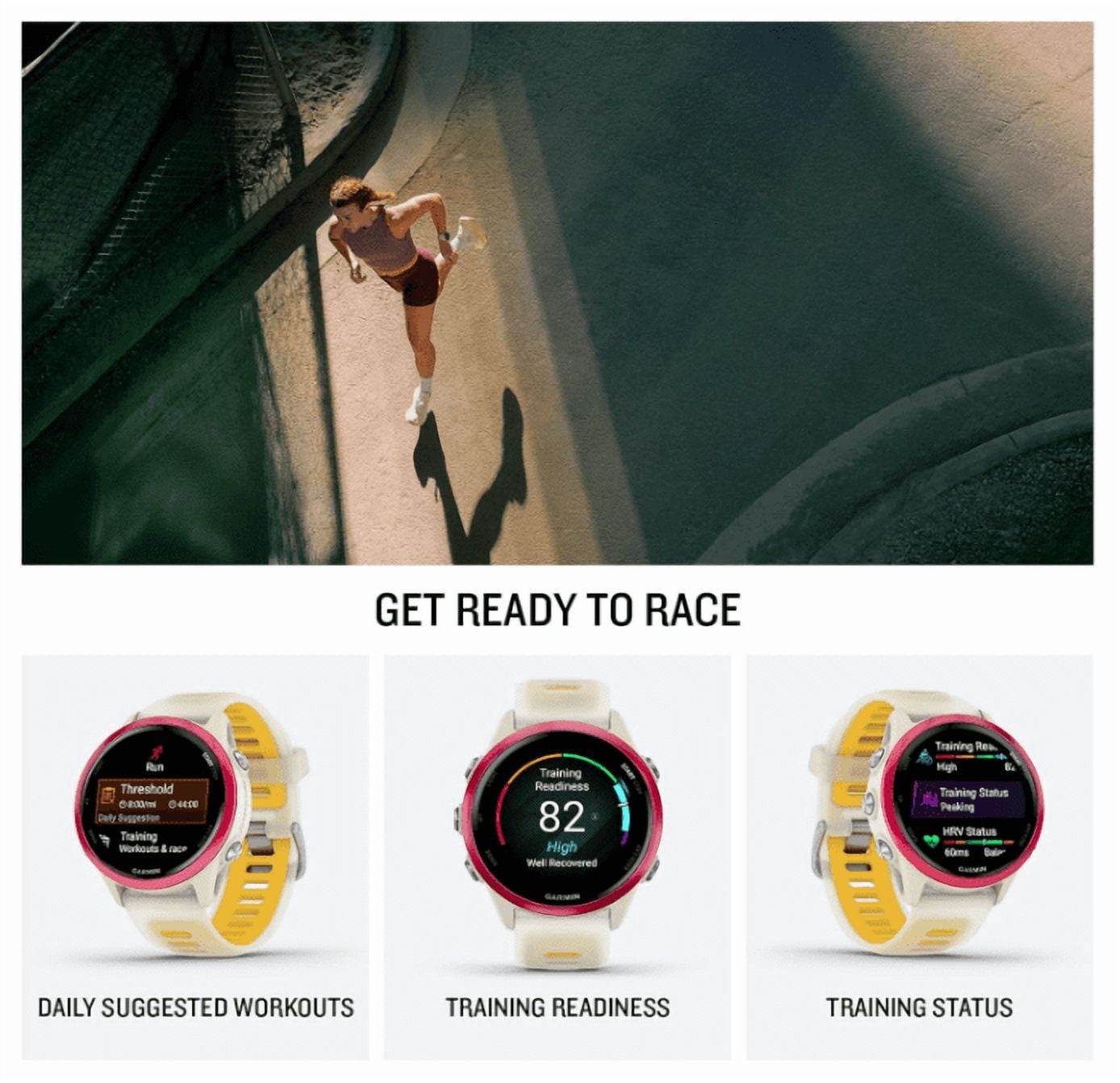 Garmin Forerunner 570 42mm Advanced GPS Running & Triathlon Smartwatch AMOLED Display Training & Recovery, Raspberry Aluminum w/ Translucent Bone/Mango Band w/ Wearable4U White EarBuds Bundle