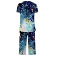 thumbnail image 4 of Cagogo Women Plus Size 2 Piece Set Round Neck Short Sleeve Tshirt Pocket Capris Casual Lounge Matching Outfits Boho Soft Summer Cruise Clothes Airport Travel, Blue 2XL, 4 of 5