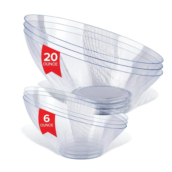 Multi-Pack Clear Plastic Serving Bowls (8 Pack) 4 x 6oz Small Disposable Candy Dishes, 4 x 20oz Medium Buffet Containers, Chips, Popcorn, Snacks, Salad Bar, Parties, Bridal Shower, Party Supplies