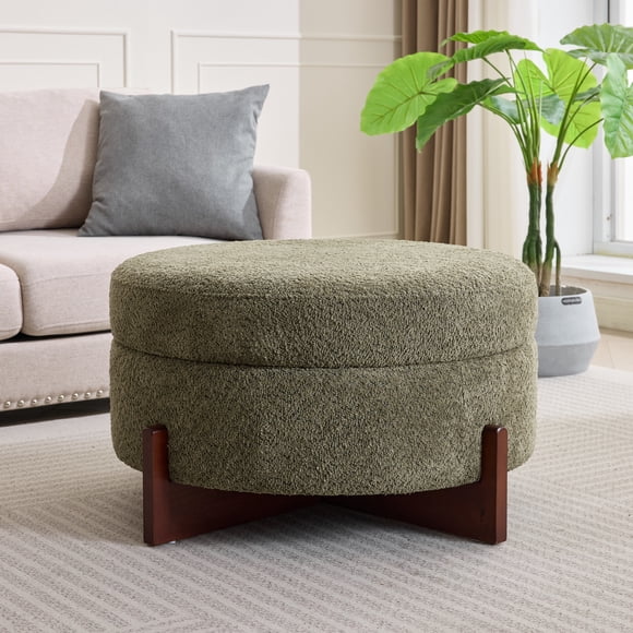 Noble House 32.28" Round Storage Ottoman,Leather Coffee Table with Lift Top,Green