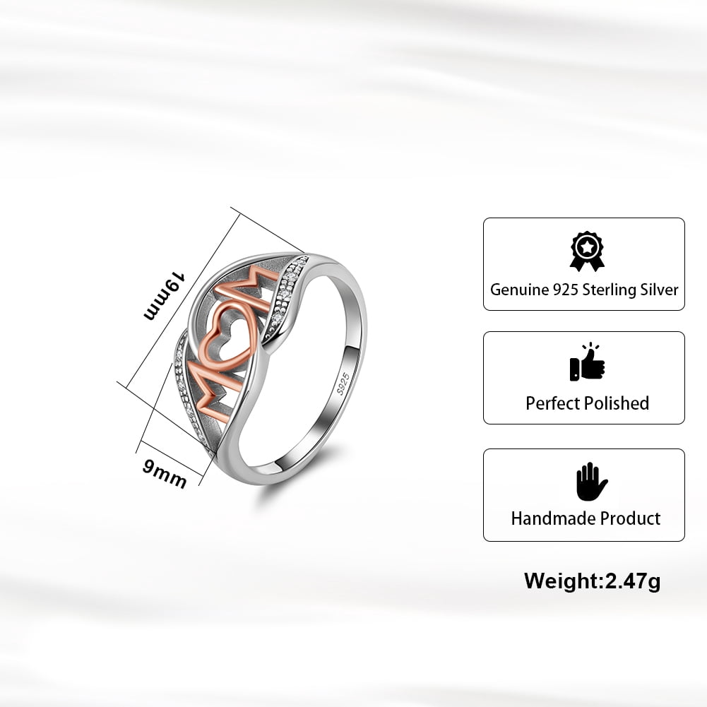 Mom Heart Ring White and Rose Gold Plated Sterling Silver Womens Ginger Lyne Collection