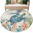 thumbnail image 2 of 8ft Round Rug, Sea Turtle Coastal Non-Skid Rubber Backing Large Area Rugs - Living Room Bedroom Home Office, Vintage Beach Coral Starfish Nautical Indoor Floor Mat Carpets Washable Rug, 2 of 9