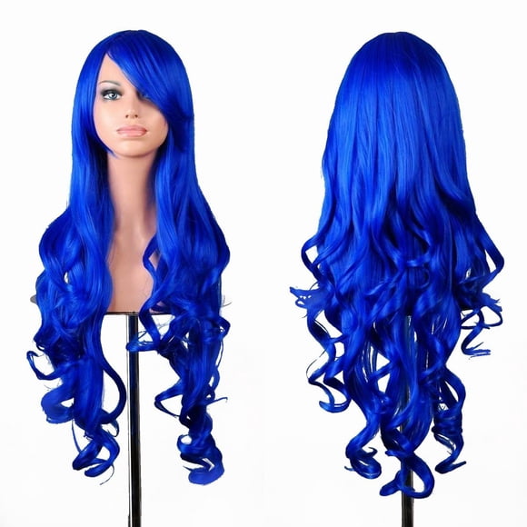 EmaxDesign Pelucas Peluca de cosplay rizada ondulada de 32 pulgadas con gorro de peluca y peine (azul oscuro)