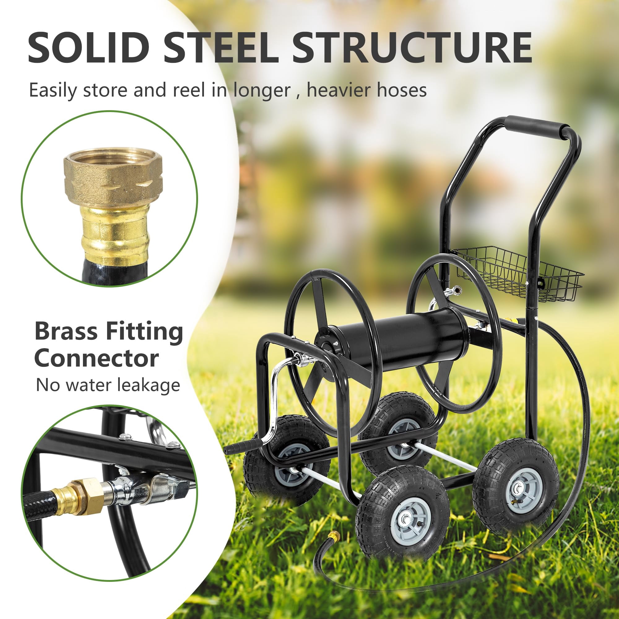 Hose Reel Cart, Hold Up To 300 Ft of 5/8" Hose, Garden Water Hose Carts Mobile Tools with Wheels and Storage Basket, Heavy Duty, for Garden, Yard, Lawn Outdoor Planting, Black