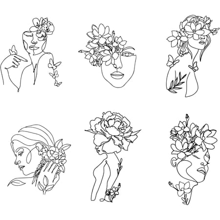 6 Pieces Minimalist Abstract Figure Wall Decals Modern Women Face Sticker Line Drawing Flowers Decals Vinyl DIY Art Decor for Living Room Bedroom Wall Sticker Vinyl Transfer