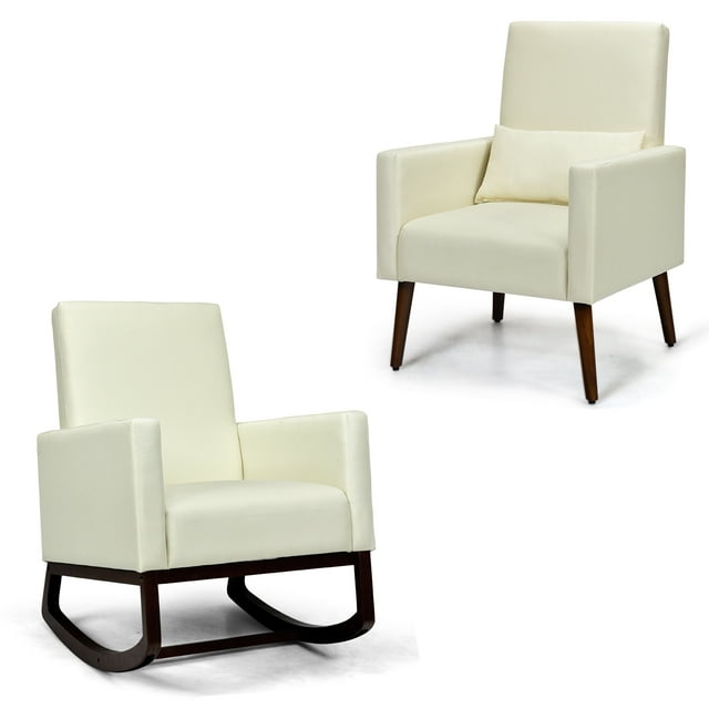 Patiojoy Set of 2 Dual-use Upholstered Rocking Chair with Wood Leg & Pillow Relax Sofa Chair Beige