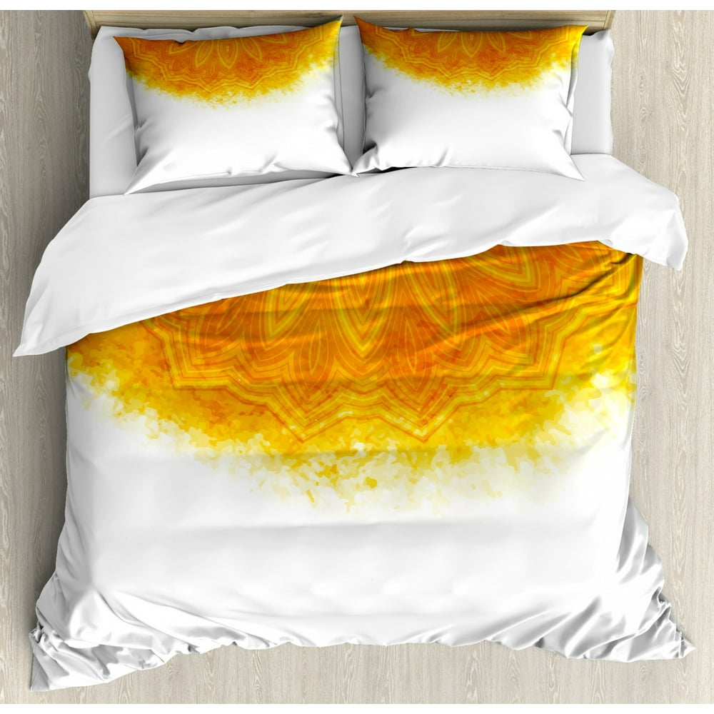 Boho Queen Size Duvet Cover Set, Bohemian Style Round Tribal Motif with Watercolor Brush Effect