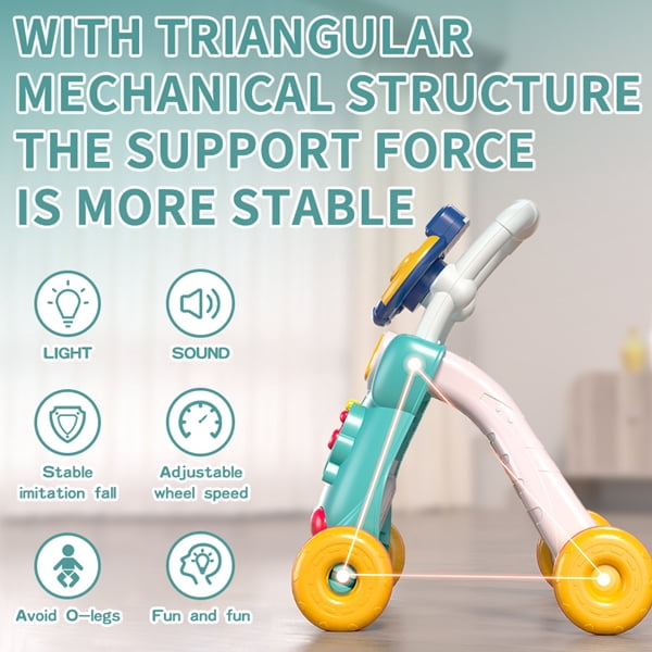 Safe ABS & PP Baby Walker, Noise-Cancelling Wheels, Adjustable Speed, Interactive Learning Toys (Shape Sorter, Gears, Clock), Anti-Fall Sit to Stand Walker for Boys Girls