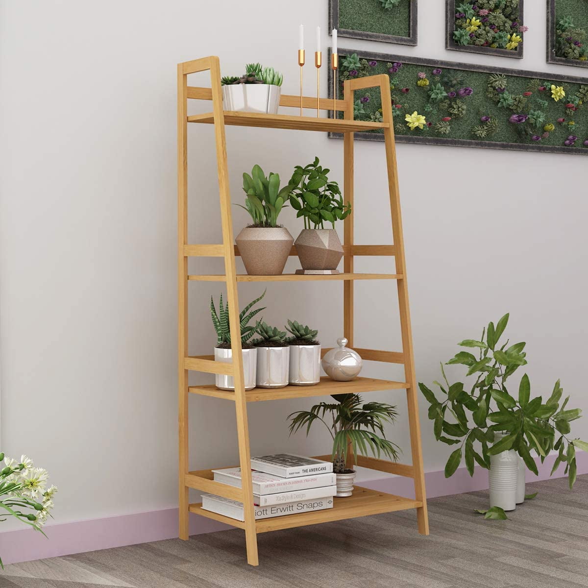 SOGES 4Tier Bamboo Ladder Shelf Bookshelf Bookcase Leaning Home Office