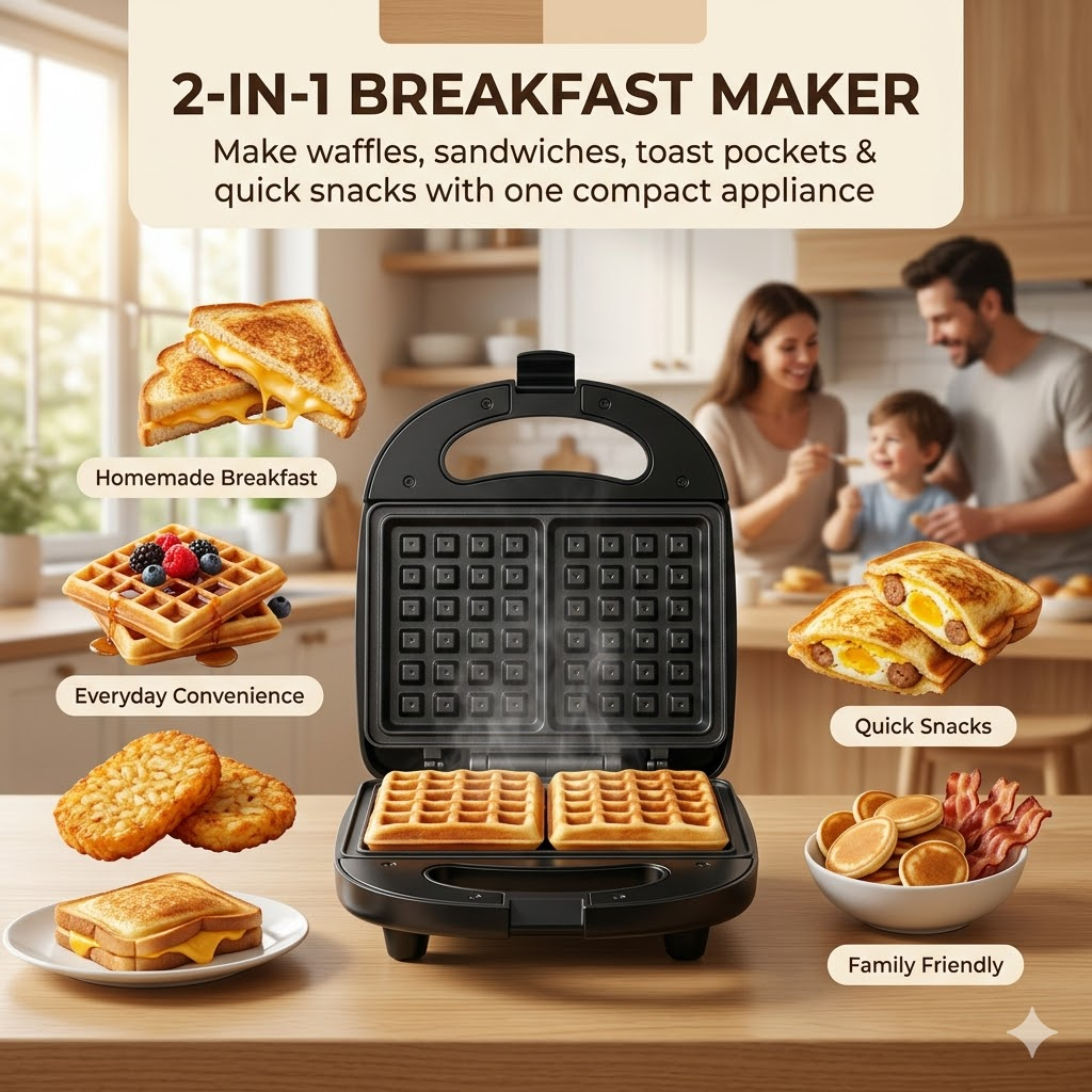 Camkey Sandwich & Waffle Maker, 2-in-1, Nonstick Plates photo 2