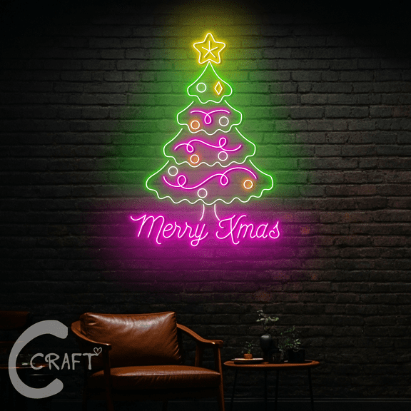 C-CRAFT Pine Tree Merry Christmas Neon Led Lights 23 inch for Home Living Room Bedroom Decor