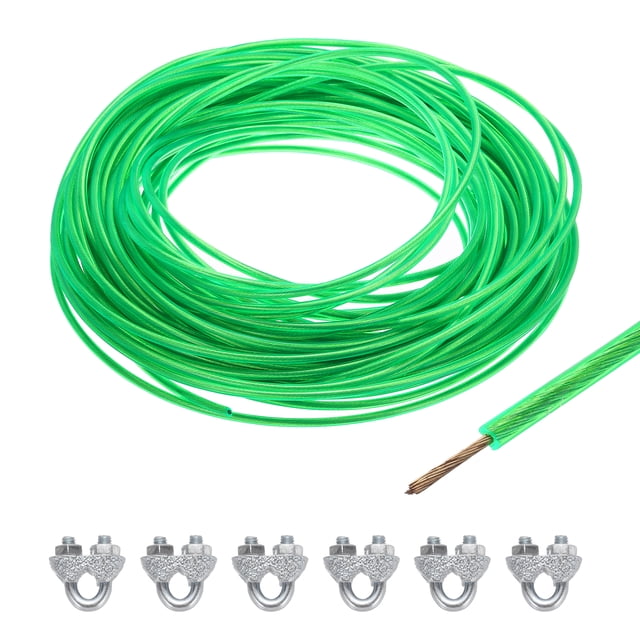 Uxcell 9/64 Green Vinyl Coated Wire Rope 98ft Galvanized Steel with 6PCS M5 Loop Sleeves