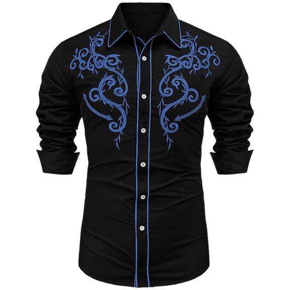 Long Sleeve Shirts for Men Solid Western Cowboy Embroidered Shirt Slim Fit Casual Button Shirt Blue L