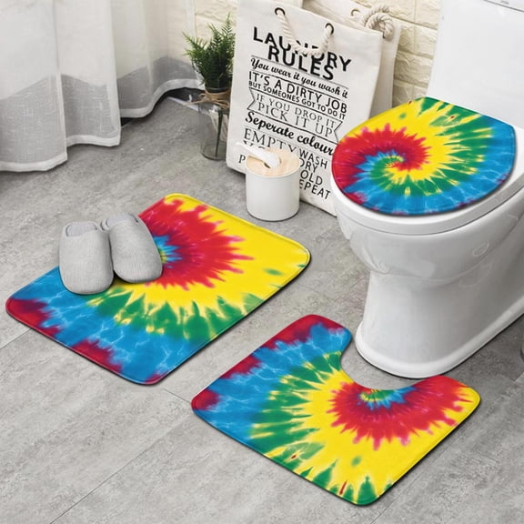 Colorful Rainbow Tie Dye Spiral Pattern Bathroom Rugs Sets 3 Piece,Toilet Cover Set,Absorbent Non Slip Bathroom Mats Sets with U-Shaped Contour Rug Toilet Rug Set