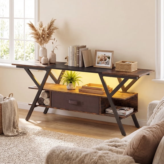 ELLEGNT TV Stand for 65" TVs - 3‑Tier with Power Outlets, LED Lights, and Remote Storage Shelves, Brown