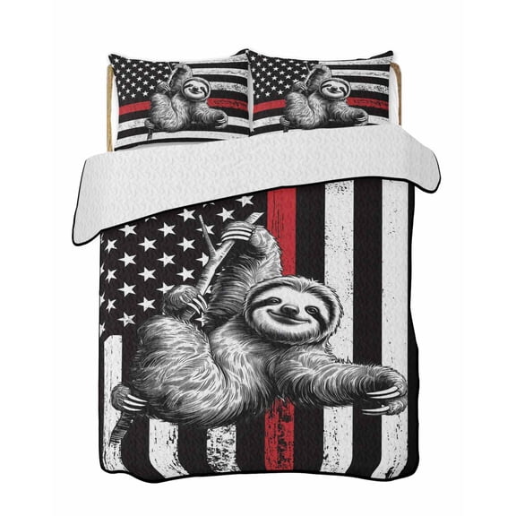 Quilts Full Size Bedding Set, American Flag Lightweight Quilted Comforter, Cute Sloth Star Striped Flag Viintage Black Soft Reversible Bedspread Coverlet with Pillow Covers for All Season, 78" x 90"