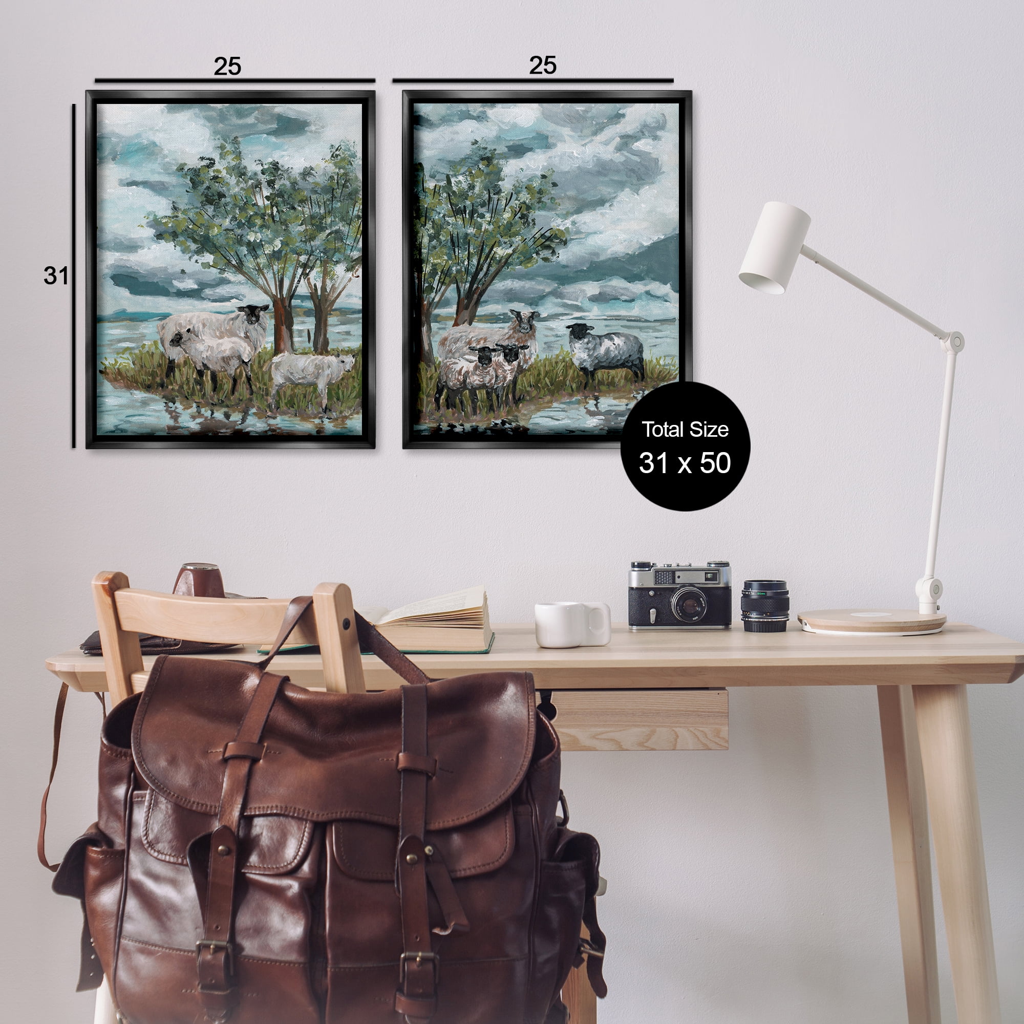 Stupell Industries Sheep in Field Landscape & Nature Painting Black Floater Framed Canvas Art Print Wall Art, 31 x 25, Set of 2
