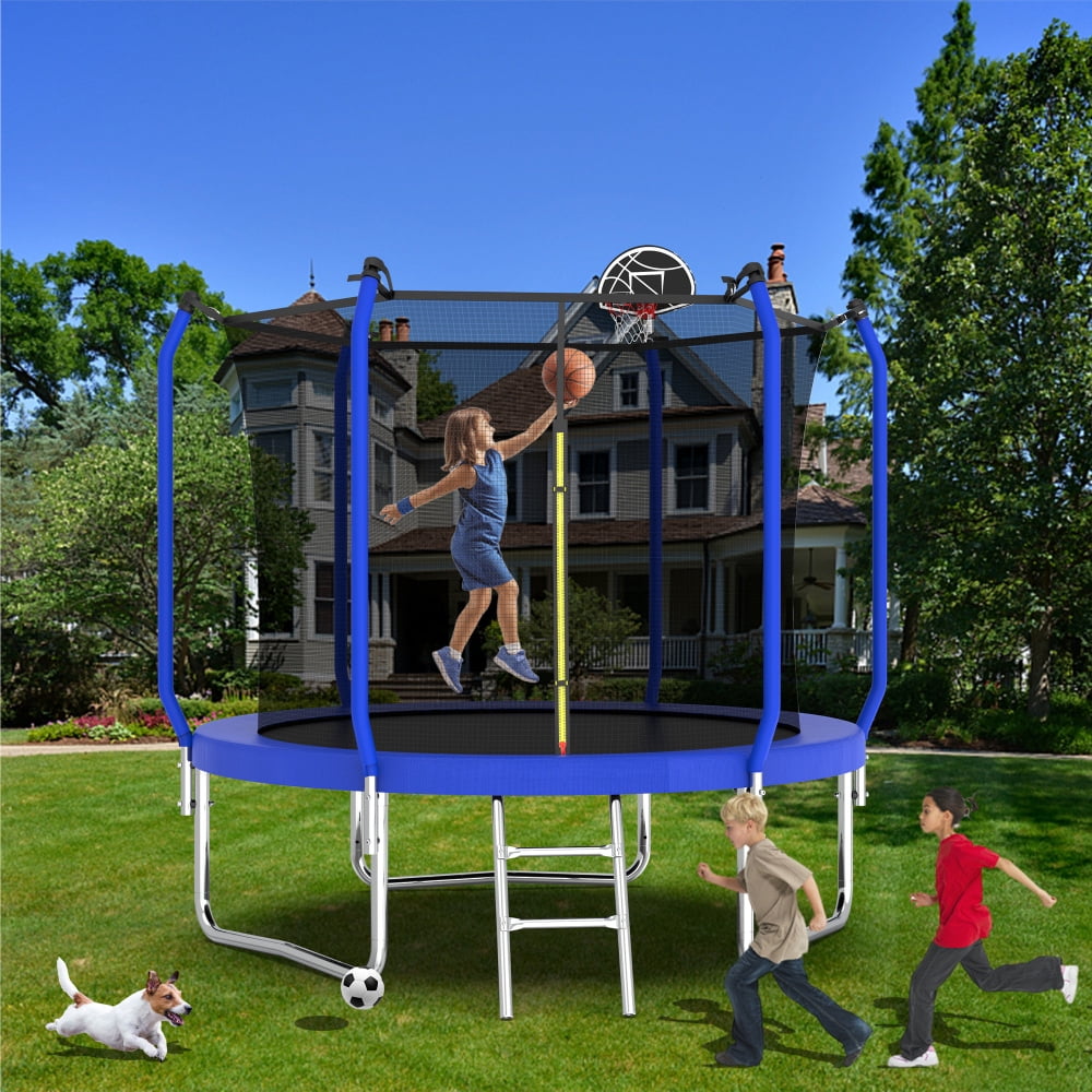 Pawverly 8FT Backyard Trampoline with Basketball Hoop & Safety Enclosure, Outdoor Kids Trampoline, Sturdy Frame, Fun Exercise Toy for Children and Family