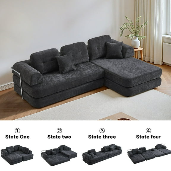 104" Boneless Sectional Compressed Sofa Couch with Chaise, Deep Seat Modular Sectional Sofa Chenille Memory Foam Sofa Boneless Couches for Living Room, Apartmen, Office, Dark Grey